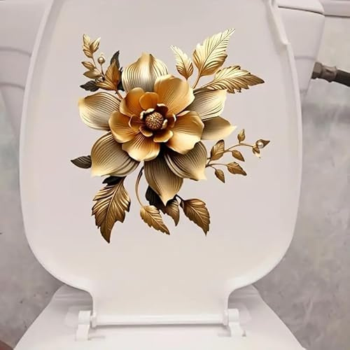 Golden Flower Flower Butterfly Toilet Cover Sticker Decals,Flower Leaf Butterfly Waterproof Toilet Lid Tank Seat Decals Cistern Self-Adhesive Bathroom Wall Sticker