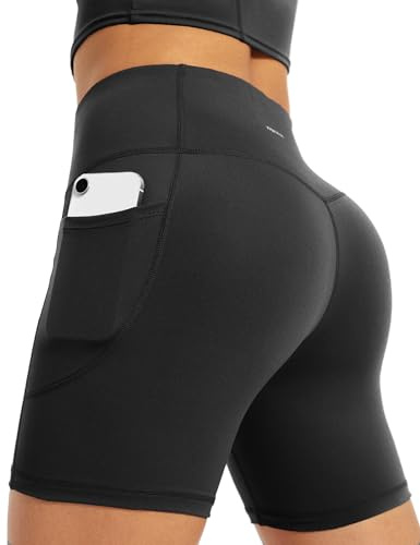 Yogaration Gym Shorts for Women, High Waisted Running Shorts with 2 Side Pockets, 6'' Seamless Fit Workout Leggings for Yoga, Cycling and Everyday Wear(Black, Small)