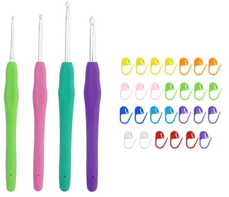 Juego de 4 agujas de ganchillo, 4 tamaños, ergonómicas, de metal, con mango de silicona colorido, 14 cm, extra larga, para principiantes (2/3/4/5 mm), con 20 botones de marcado