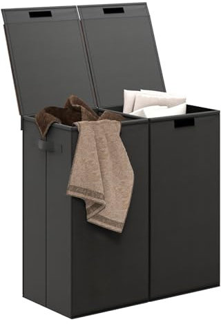 GIANTEX Panier à Linge Sale de 105 L avec Couvercles, Corbeille a Linge ave 2 Compartiments Amovibles, Poignées, Plateau en MDF, Bac à Linge en Non-Tissé pour Buanderie, Salle de Bain, Noir