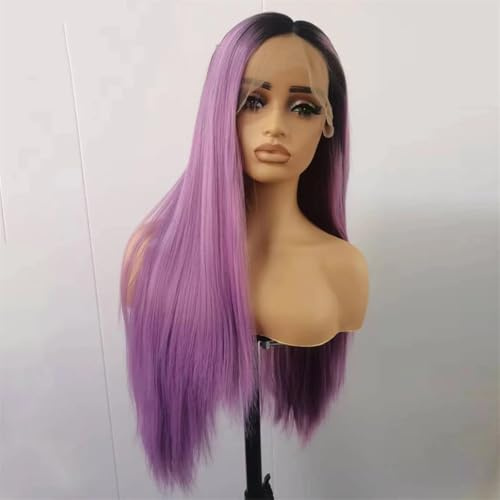 Perruque longue et soyeuse pour femme avec dentelle frontale et racines de drak - Cheveux synthétiques - Violet ombré - 61 cm - 136 cm