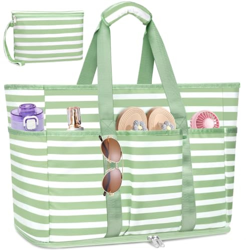 TEUEN XXL Grand Sac de Plage Femme, 45L Tote Bag Extra Large Famille Anti Sable Imperméable Cabas Plage Pliable Sac a Main avec Compartiment pour la Plage, les Voyages et un Usage Quotidien