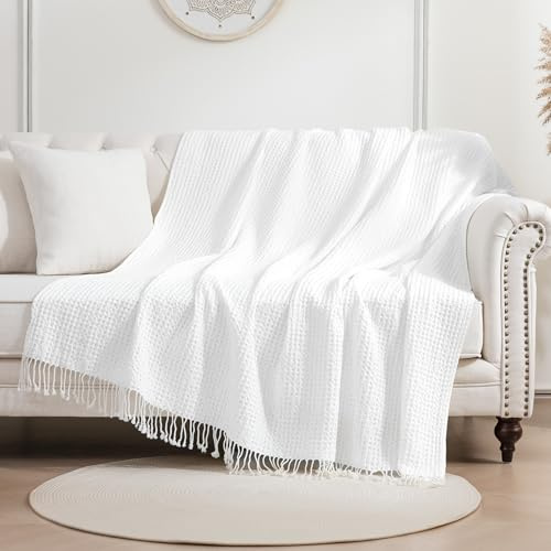 Sonive Baumwolle Waffledecke Kuscheldecke 152x203cm Oeko-TEX® Weiß