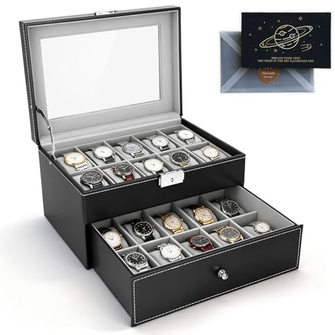 ZUSUZU Scatola per Orologi a Doppio Strato per 20 Orologi,Cofanetti Orologi in Pelle PU con Coperchio in Vetro,Vetro per Uomo Donna per Porta Orologi