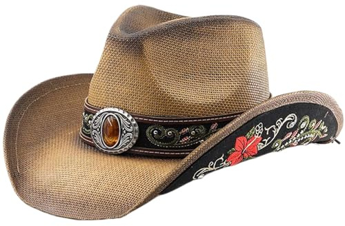 HoveeLuty Cappello da cowboy occidentale, cappello da cowboy in paglia, protezione UV, cappello da cowgirl a tesa larga, ricamo vintage con cintura decorativa, cappelli per donne e uomini, cowgirl