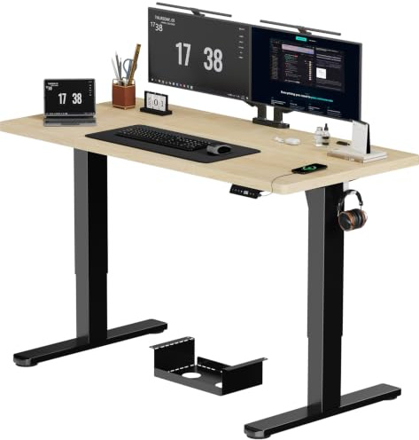 JUMMCIO Höhenverstellbarer Schreibtisch 140x70 cm, Stabiler Elektrischer Schreibtisch mit Vierteilige Tischplatte, Computertisch mit Memory Funktion,Standing Desk für Büro, Beige&Schwarz