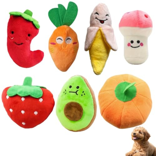 InekoAgua 7-Pack Squeaky Dog Toys - Cute Fruit & Vegetable Plush Dog Toys Set for Small Dogs & Puppies - Soft Interactive Fetch & Chew Toys Including Deluxe Vegan Pack