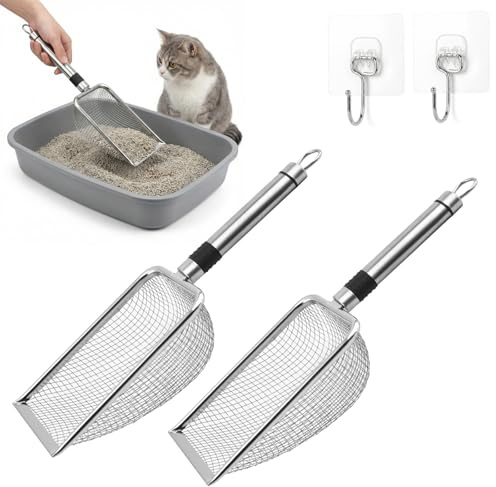 SMYJDMM Kattströspade, 2 stycken kattspade, rostfritt stål för kattlåda, kattlåda, spade, metall med 2 krokar för alla kattströ, jord, sand, stenar, kompost, trädgårdsjord (3,8 mm mask)