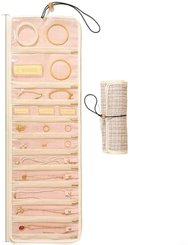Portable Jewelry Roll Organizer With Transparent Window Travel Cosmetic Bag For Rings Earrings Necklaces Anti-Tangle Storage Pouch With Multiple Pockets Beige(Beige)