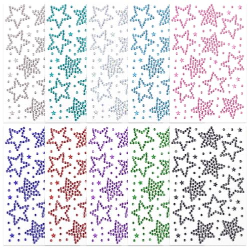 Sularpek 10 Feuilles Strass Autocollant, Strass Cheveux en Forme D'étoile, Strass Autocollant Visage, Strass Visage Festival, Strass a Coller, pour Artisanat Nail Body Décoration, avec Pincettes