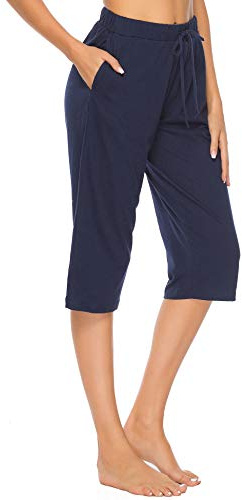 Vlazom Pantalon Pijama Mujer 100% Algodón, Pantalones Piratas Mujer Verano con 2 Bolsillos,Pantalones Capri para Fitness Jogger,XL,A-Azul Marino