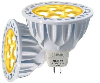 JSVSAL MR16 LED Light Bulb 5W Replace 50W Halogen Equivalent,Dimmable,2700K Warm White, AC/DC 12 Volt,GU5.3 Bi-Pin Base,40 Degree Spot Lighting for Indoor/Outdoor Landscape Track Bulbs,2-Pack