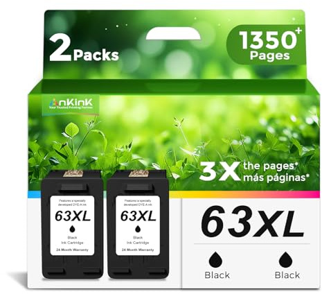 Ankink 63XL Ink Cartridges Replacement for HP 63 XL (Black 2-Pack) Work with HP63 3830 4650 4652 4655 5200 5252 5255 5258 4520 4512 1112 2132 3630 3632 3631 2130 4510 4654 Printers 2 BK