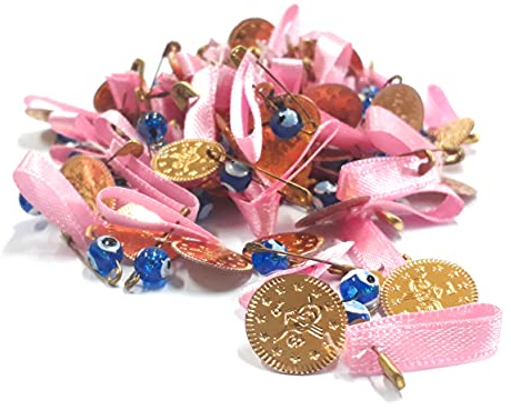 Perlin 100 Stück, Nazar Boncuk, Blaues Auge, Evil Eye mit emaillierte Metall Münzperlen Tugra, Sicherheitsnadel und Kordel, Böser Blick Glücksbringer zum Verschenken Hochzeit (Rosa)