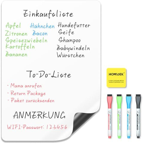 HOMiDEK Whiteboard Folie Magnetisch für Kühlschrank - A4 Magnettafel Für Familie Menü Wochenplaner, Einkaufsliste, to do liste - Klein Magnet White Board mit 3 Markers und Radierer, 20x30cm
