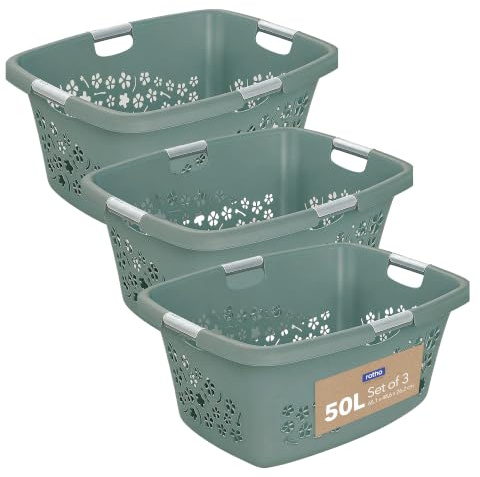 Rotho Flowers 3er-Set Wäschekorb 50l | mit Belüftungslöchern | mit 4 Griffen für bequemes Tragen | robust & langlebig | einfach zu reinigen & hygienisch | grün