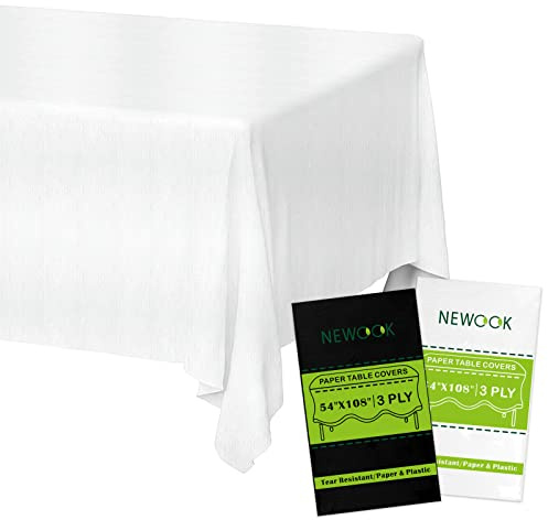 NEWOOK Disposable Tablecloths White Paper Table Cloth for Rectangle Tables 12 Pack,3 Ply Paper & Plastic Table Cloth for Parties,54 x 108 Inch Birthday Table Cover Outdoor Wedding Banquet Tablecover
