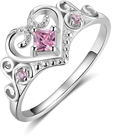 Bellitia Jewelry 925 Sterling Silber Krone Kronenring Crown Queen Gebürstet Elegant Ring mit Herz Design, Rosa Zirkonia Ehering Verlobungs Schumuck Set