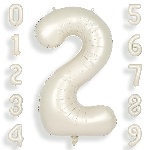 SUWEN 40 Inch Cream White Large 2 Number Balloons Big Foil Helium Number Balloons 0-9 Jumbo Happy 2nd Mylar Birthday Party Decorations Anniversary Party Supplies