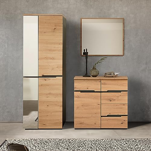 Lomadox Garderoben Set Flurgarderobe mit Garderobenschrank, Kommode und Spiegel in Artisan Eiche Nb. mit Graphit