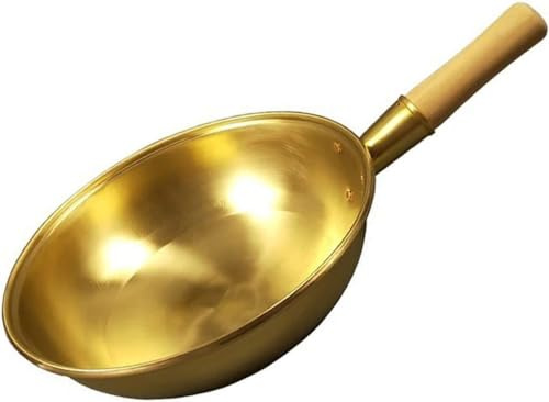LRTYZBD Padella wok in rame pentola in rame con manico in legno ispessito padella in ottone padella da cucina wok fornello in rame - 32 cm