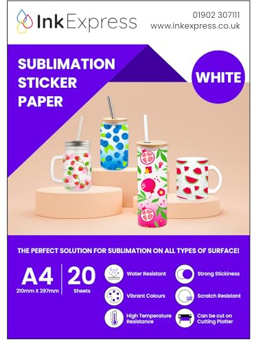 Ink Express A4 White Sublimation Sticker Paper, 20 Sheets - Compatible with Epson, Sawgrass Sublimation Printers - Vivid Colour, Glossy, White, Water Resistant