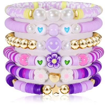 Nayyana 6-teiliges stapelbares Surfer-Armband für Damen, farbenfrohes, adrettes, dehnbares Freundschaftsarmband-Set mit Smiley-Gesicht, Polymer-Ton-Perlen, Sommer- und Strandschmuck