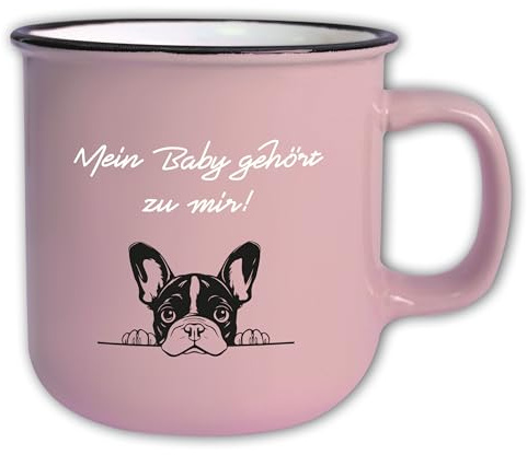 Jumbo-kopp vintage med slogan T152 Mein Baby tillhör mir motiv hund fransk bulldog rosa present retro keramik 350 ml