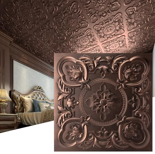 Art3dwallpanels Deckenfliesen, 61 x 61 cm, hochwertiges PVC, 3D-Wandpaneele, Vintage-Blumenmuster für Innenwanddekoration, feuerfest, wasserdicht, antikes Kupfer, 12 Stück