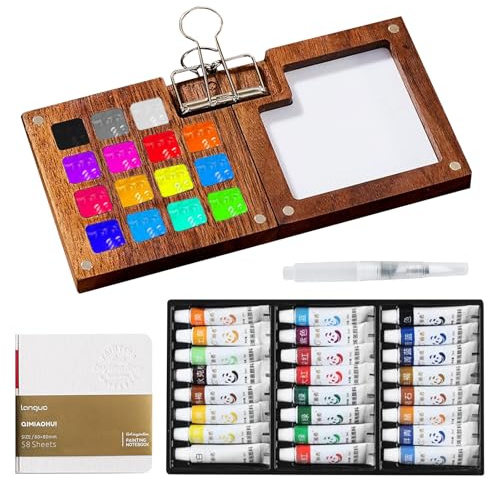 WIYETY Mini palette di colori ad acquerello, 24 colori: tavolozza portatile ad acquerello, set da viaggio per acquerello, tavolozza con pennello ad acquerello, libro da disegno