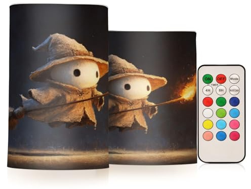 MCHIVER Halloween Ghosts Broom Fire Flameless Candles with Remote Timer Battery Operated LED Tealight Electric Candles Set of 2 for Wedding Table Fireplace Home Decor