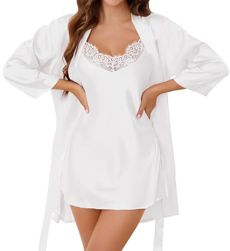 Lovasy Women's Satin Robes 2 Pack Silk Nighties and Dressing Gown for Women Sexy Lace Cami Nightdresses with Robe Set,White,L