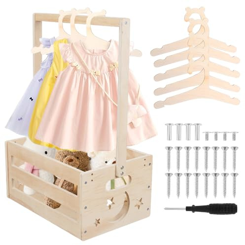 RNPKZ Baby Shower Crate Closet, Wooden Baby Hamper Basket with 5 Hangers, Wooden BabyShower Basket, Decorative Basket Storage Crate, Woodens Babys Basket for Babys Shower Pregnancy New Parent Gifts