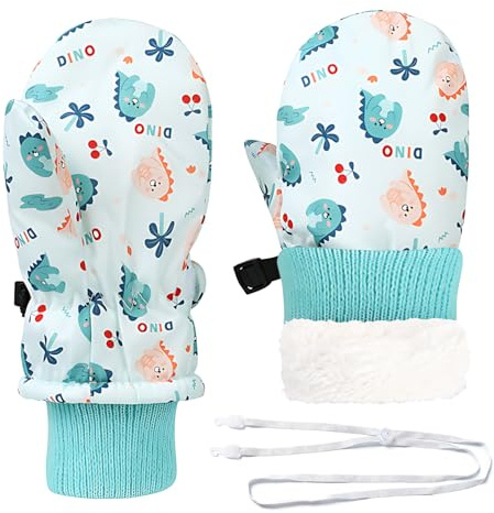 DIPZO Guantes de Invierno para Niños, Mitones Térmicas de Dinosaurio con Correa Ajustable, Forro Polar Antiviento para Esquí al Aire Libre, Verde, Edades 4-6 Años