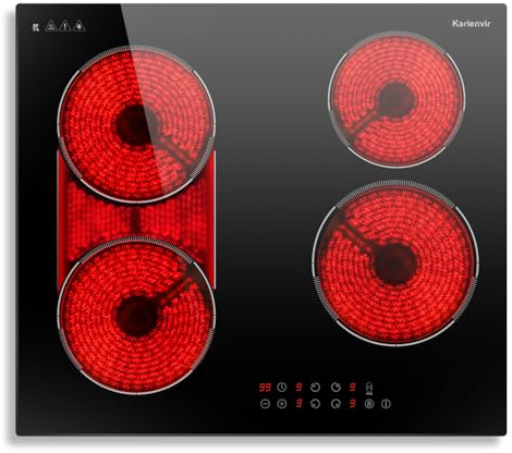 Plaque Vitrocéramique 4 Feux avec Zone Flexible, 60CM Tables Cuisson 6600W | Zone flexible 2-en-1, Minuterie de 99 Minutes, Verrouillage de Sécurité, 9 Niveaux de Puissance, Karienvir