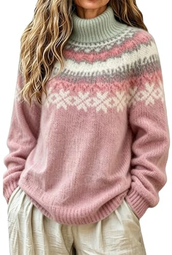 Générique Pull Fair Isle Femme Norvégien Vintage Tricot Pulls Oversize | Chaud Grande Taille Col Roulé Manches Longues Pulls Islandais Automne Hiver Chic et Élégant Ample Chandail Halloween Noël