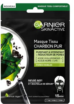 GARNIER Skin Active - Masque Visage Tissu Charbon Végétal - Réducteur De Pores & Hydratant - Charbon Pur, Acide Hyaluronique, LHA & Algue Brune - Vegan & Cruelty Free - Peaux Sensibles - x1