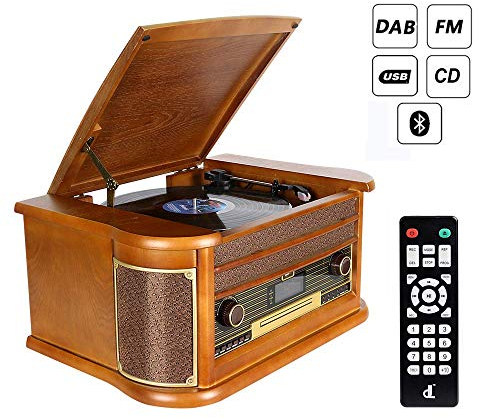 Plattenspieler 9-in-1 DAB Vinyl Turntable Vintage Holz mit Bluetooth/FM/Stereo-Lautsprecher/CD/MP3/Kassette/USB