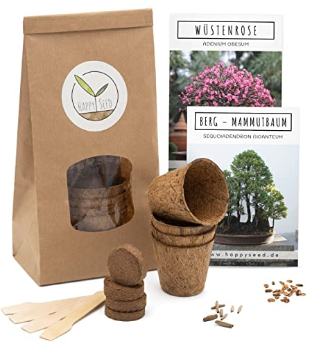 HappySeed Bonsai Starter Kit Anzuchtset inkl. GRATIS eBook - Pflanzset aus Kokostöpfen, Samen & Erde - nachhaltige Geschenkidee für Pflanzenfreunde (Wüstenrose + Berg Mammutbaum)