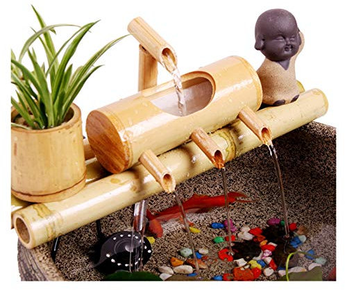 jiande Bamboo Garden Zen Fontaine d'eau avec Pompe, intérieur/extérieur Ornements, 7,8 Pouces Base Ronde Plat, Lisse Split-résistant Bambou, Container Inclus