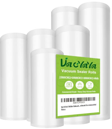 VacYaYa 6 Pack 15cmx6m(1) und20cmx6m(3) und28cmx6m(2) Rolls (Total 30m) Vacuum Food Sealer Machine Freezer Bags Rolls with BPA Free,Heavy Duty,Great for Sous Vide and Vac Seal Storage Rolls