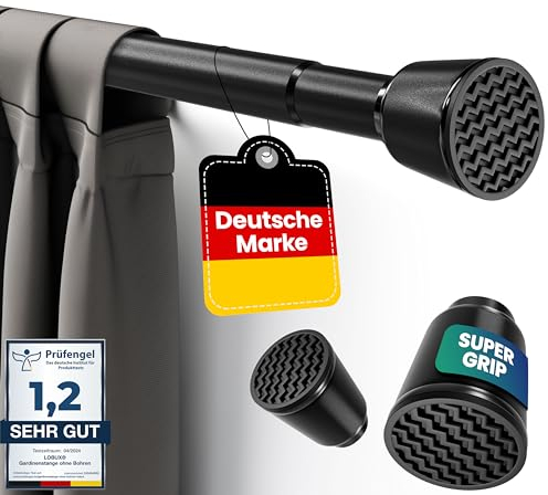 LOBUX® - Gardinenstange ohne bohren [schwarz, 110-250cm] – Teleskopstange Vorhang ausziehbar – Duschstange ohne bohren – Vorhangstange, Duschvorhangstange, Kleiderstange, Klemmstange Katzennetz