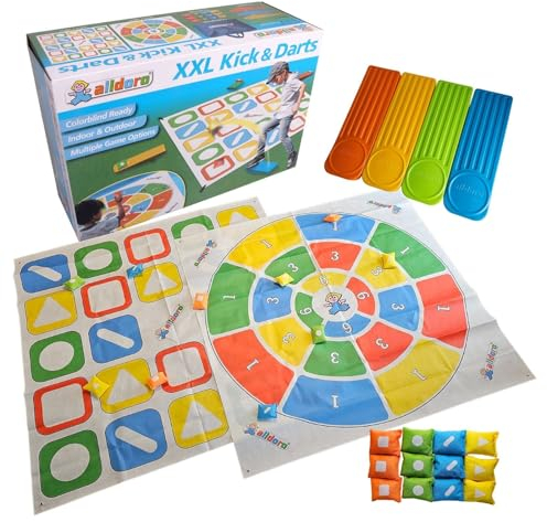 alldoro 60058 XXL Kick & Darts Spiel, 2-in-1 Wurfspiel mit 2 Spielfeldern 160x160 cm, inkl. 12 Säckchen, 4 Katapulten & Tragetasche, Indoor & Outdoor