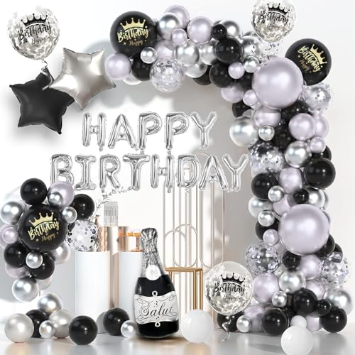 Geburtstagsdeko Mann Frauen,Dargds Deko Geburtstag Schwarz Silber,Luftballons Geburtstag mit Happy Birthday Girlande Decorations,Party Geburtstagsdeko für Jungen Mädchen