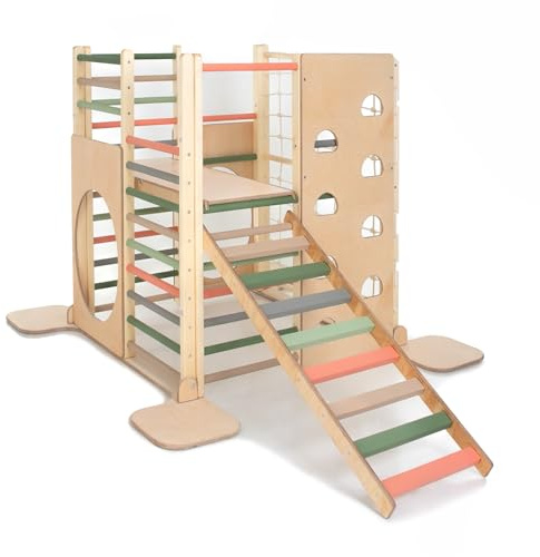 HOMEforDREAMS Torre de escalada cuadrada inspirada en Montessori de madera para cordeles: parque infantil interior plegable con tablas de accesorios (sueño forestal, con tabla interior y estribo)