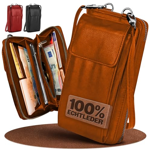 FLEXIBILITE® Handytasche Zum Umhängen Mit Portemonnaie (Tasche 20×11×5 cm - Handyfach 17×9×3 cm) - Echt Leder Handy-Umhängetasche Damen - Handytasche Mit Geldbörse - 220 g - Cognac [2026]