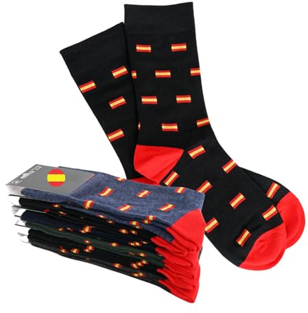 Varletta Pack de 6 Calcetines con Bandera de España para Hombre - Calcetines Algodón Transpirables España - Calcetín Media Caña