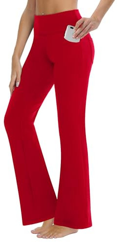 ZIRUU Bootcut Yoga-Hosen mit Taschen für Frauen Weites Bein Hosen Hohe Taille Workout-Hosen Bauch-Control Arbeit Hosen 4 Taschen(Poinsettie, Large)