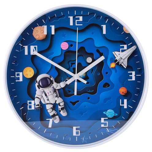 12 Inch Planet Wall Clock - Astronaut Kids Space Clock - Battery Operated Silent Spaceman Kitchen Clock for Living Room, Home, Bedroom, Office - Round Decorative