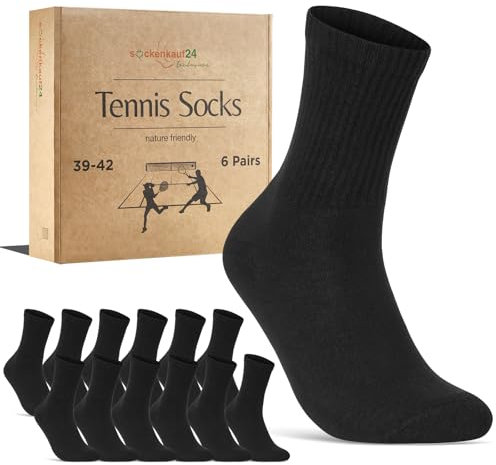 6 Paar Tennissocken Herren 43-46 Schwarz Sportsocken Atmungsaktiv Herrensocken Baumwolle Retro Crew Socken (Schwarz 43-46)